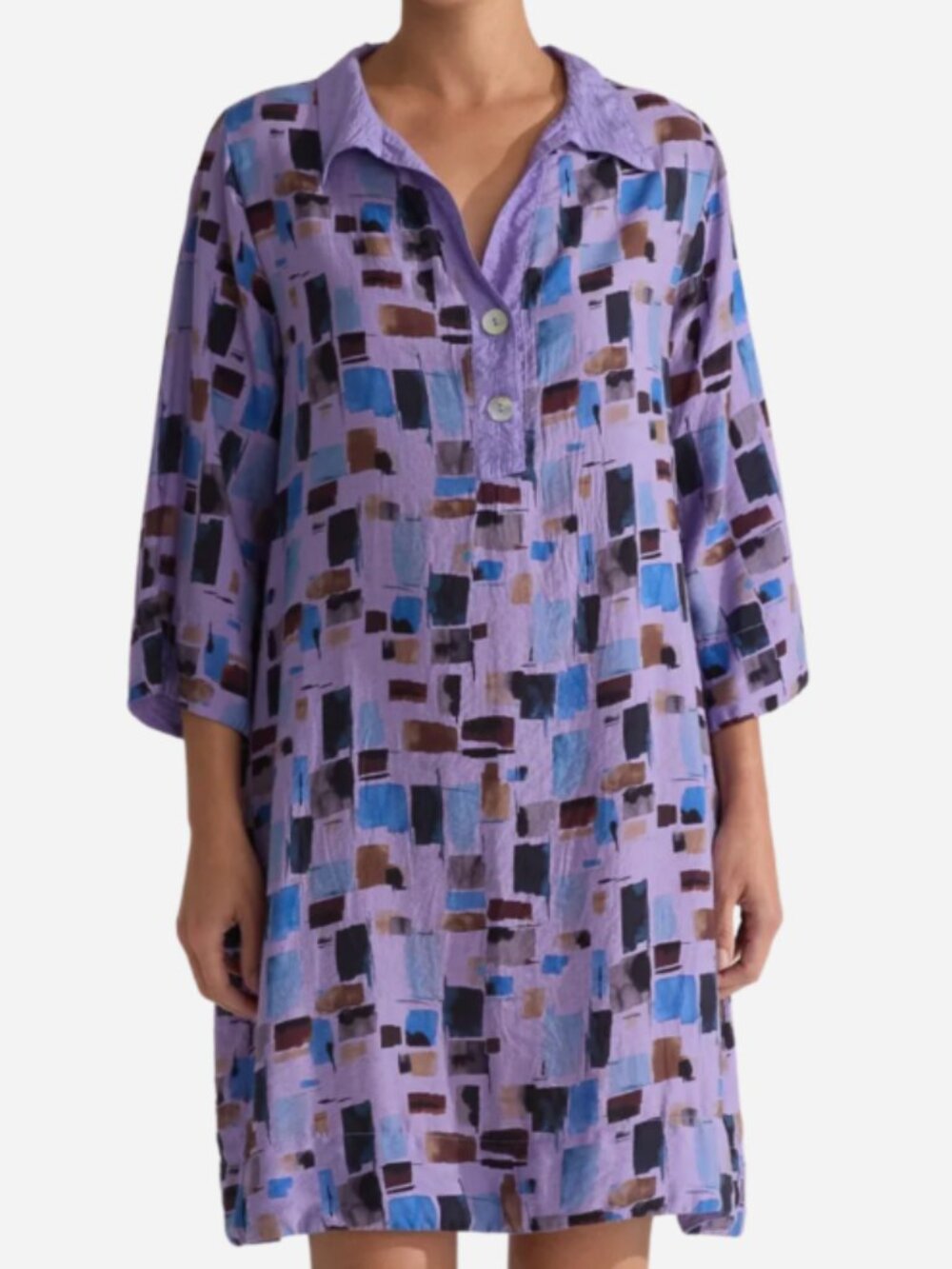 Cut Loose Border Dress Sea Glass Purple Printed 3/4 Sleeve Pockets sz Medium